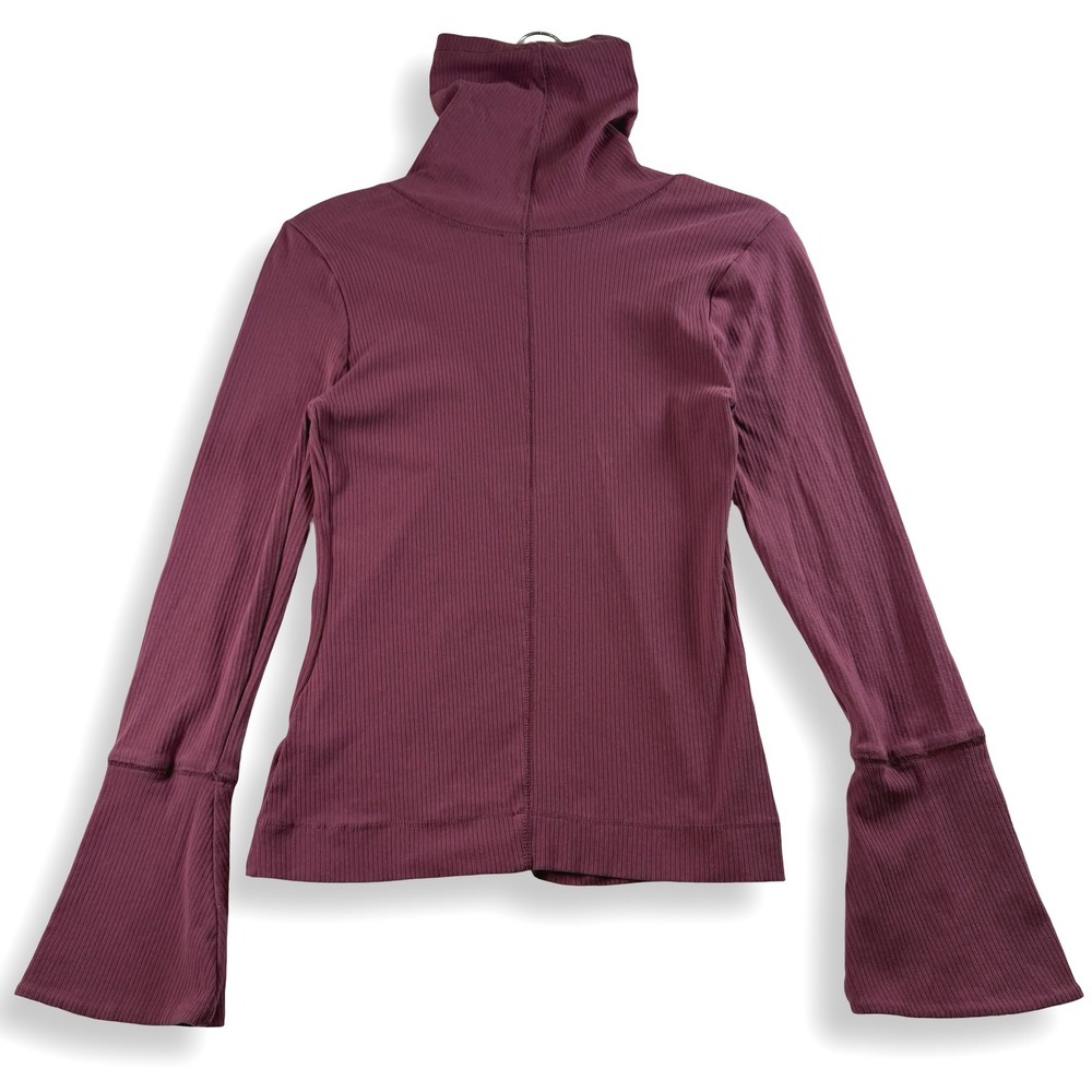Intimately Free People M Burgundy Ribbed Turtleneck Bell Sleeve Top Y2K Boho - Picture 2 of 9